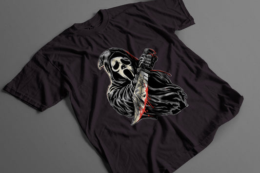 Playera Ghostface Scream con Cuchillo Ensangrentado Halloween Retro