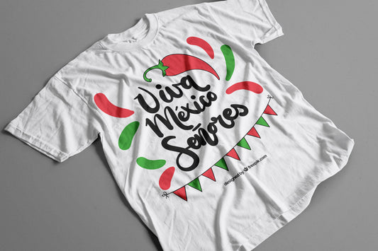 Playera Viva México Señores Diseño con Chile, Banderines y Colores Patrios