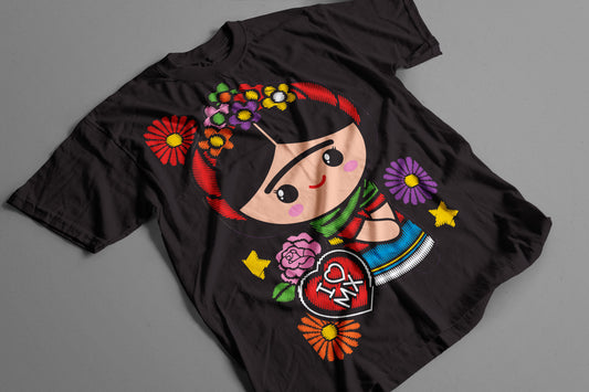 Playera Muñeca Folklórica Mexicana Estilo Artesanal con Flores y Corazón I Love MX