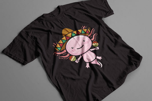 Playera Ajolote Mexicano con Sombrero y Maracas Diseño Tierno para Fiestas Patrias