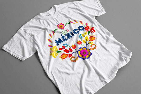 Playera Viva México con Flores Diseño Colorido y Folklórico para Fiestas Patrias