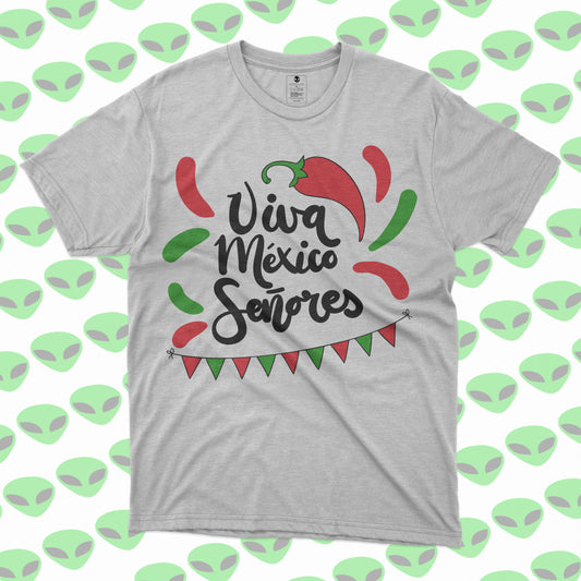 Playera Viva México Señores Diseño con Chile, Banderines y Colores Patrios