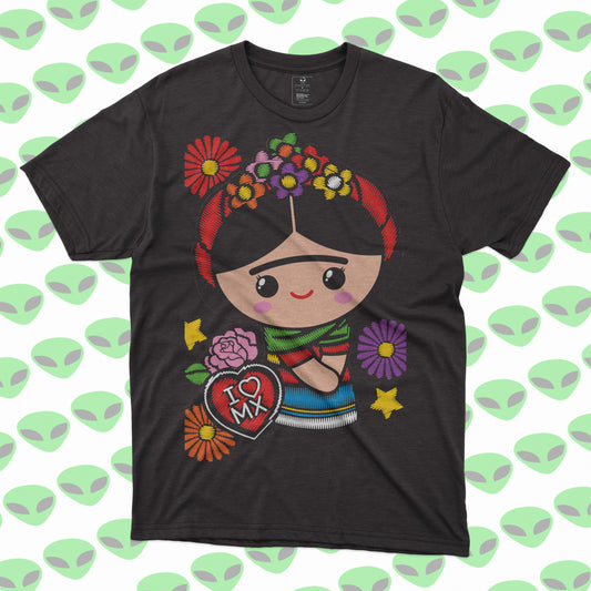 Playera Muñeca Folklórica Mexicana  Estilo Artesanal con Flores y Corazón I Love MX