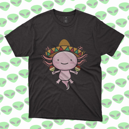Playera Ajolote Mexicano con Sombrero y Maracas Diseño Tierno para Fiestas Patrias
