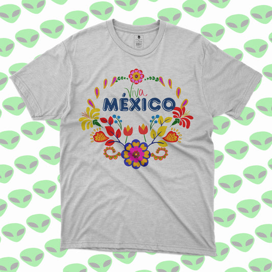Playera Viva México con Flores Diseño Colorido y Folklórico para Fiestas Patrias